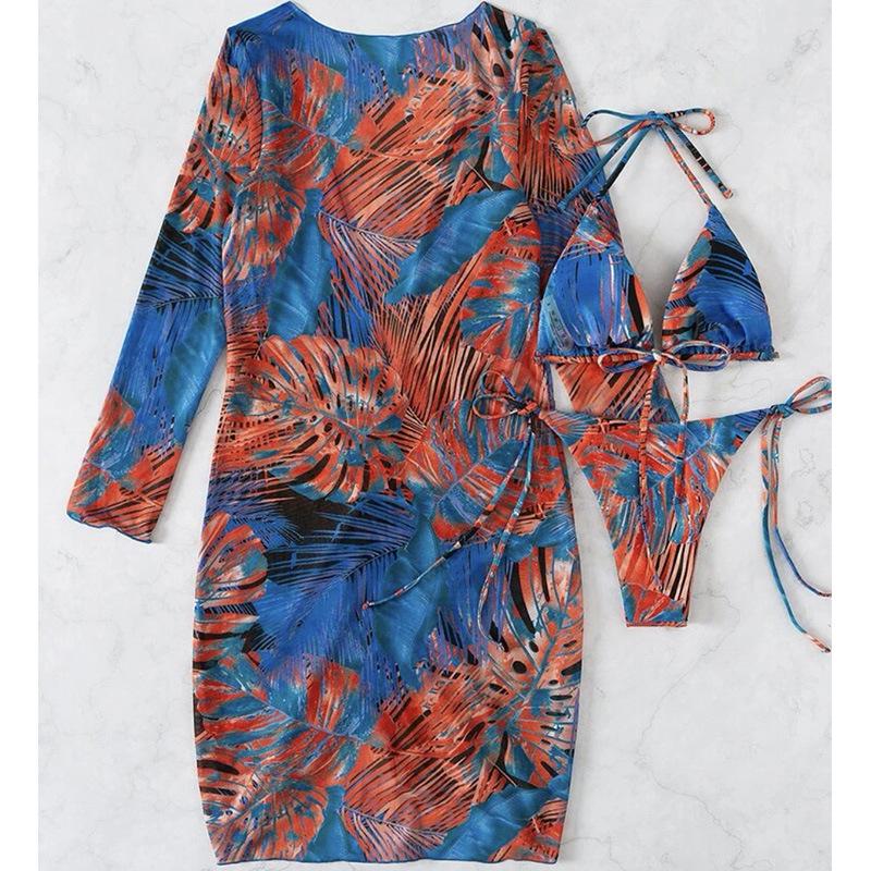 New Print Mesh Sun Protection Three-Piece Bikini Swimwear