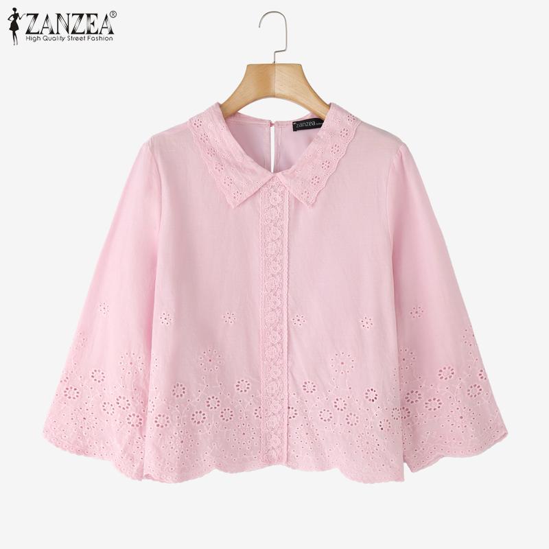 ZANZEA Women Casual Turn Down Collar 3/4 Sleeve Loose Crochet Blouse