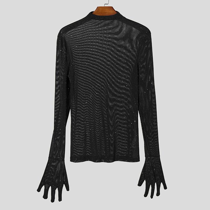 INCERUN Men Mockneck Long Sleeve Mesh Sheer Gloves Tops Slim Glitter Undershirts