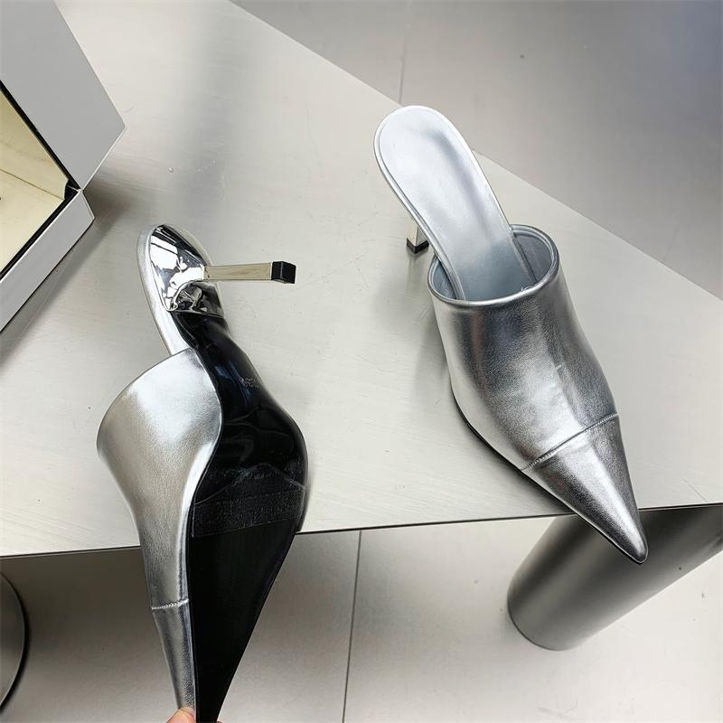 Elegant Fashion Silver Party Pumps Women Slippers Thin Low Heels Pointed Toe Design Slip on Summer Mules Slides Shoes 35 2729₽