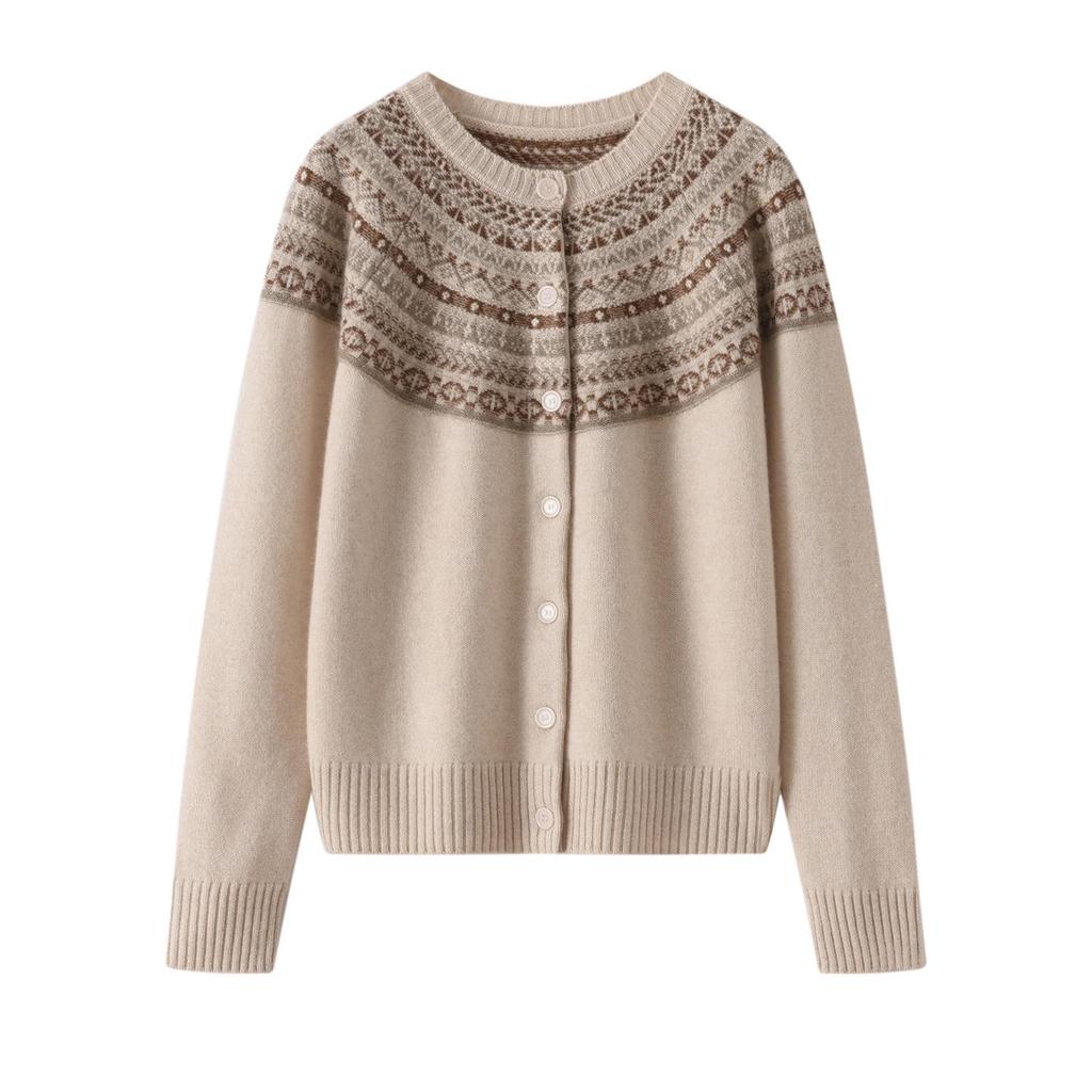 Women's Retro Fair Isle Cashmere Cardigan - Round Neck, Thick Knit, Elegant Autumn/Winter Wool Sweater