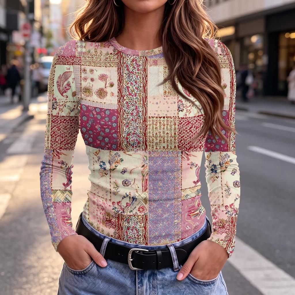 Women's Slim Fit Plaid Floral Print Long Sleeve Round Neck T-Shirt for Casual Wear