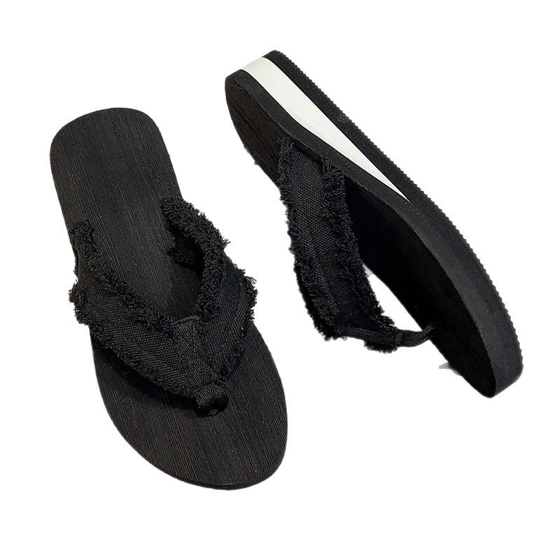 Slippers Women's Summer Casual Outerwear Slope Heel Thick Sole Solid Color Canvas Rough Edge Beach Shoes Seaside Sandals Flip-flops