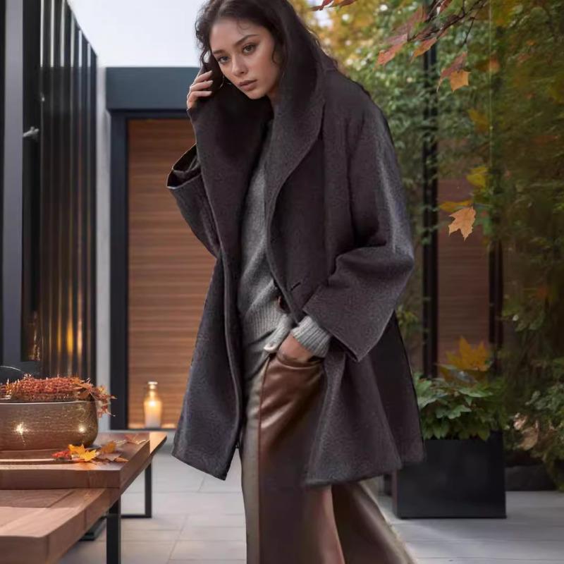 Women's Fashion Versatile Autumn and Winter Coat Multi-color Crew Neck Loose Hooded Woolen Coat