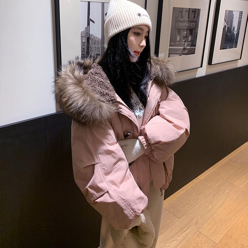 Korean Style Women Hooded Short Coat Horn Buttons Big Fur Collar Winter Warm Thickened Workwear Jacket