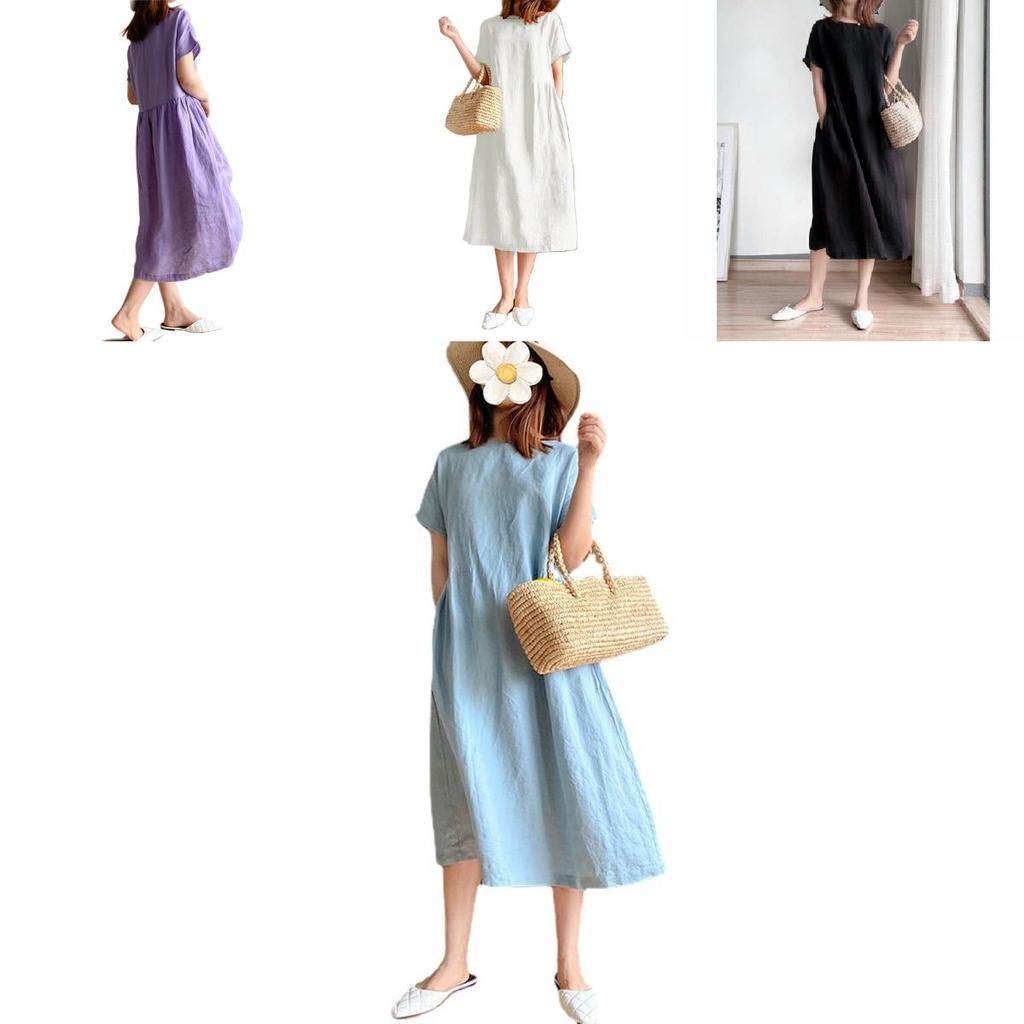 Luxurious Cotton Loose And Thin Dress For Women With Short Sleeves And Round Neck