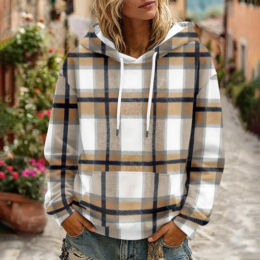 Women's Plaid Print Hooded Sweatshirt with Pockets And, Long Sleeve Casual Top