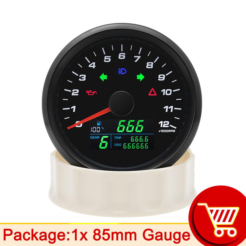 Tachometer & Fuel Gauge 0~12000RPM 85mm Motorbike GPS Speedometer IP67 Waterproof Tachometer Voltmeter 12V/24V Black ized
