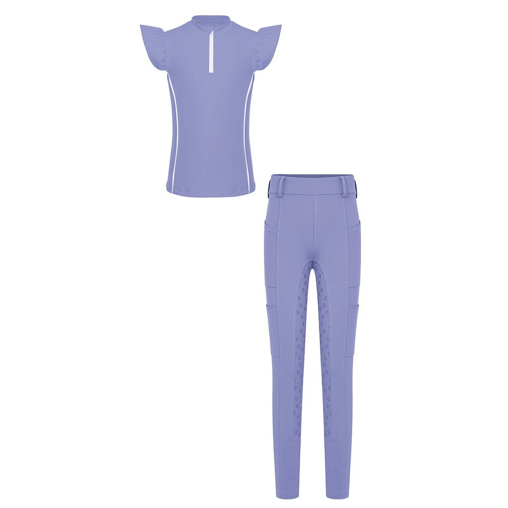 Mädchen Reitsport Reiten Reißverschluss Stehkragen Rüschenärmel Kontrastbesatz Oberteil Anti-Rutsch Vollbesatz Reithose Outfit