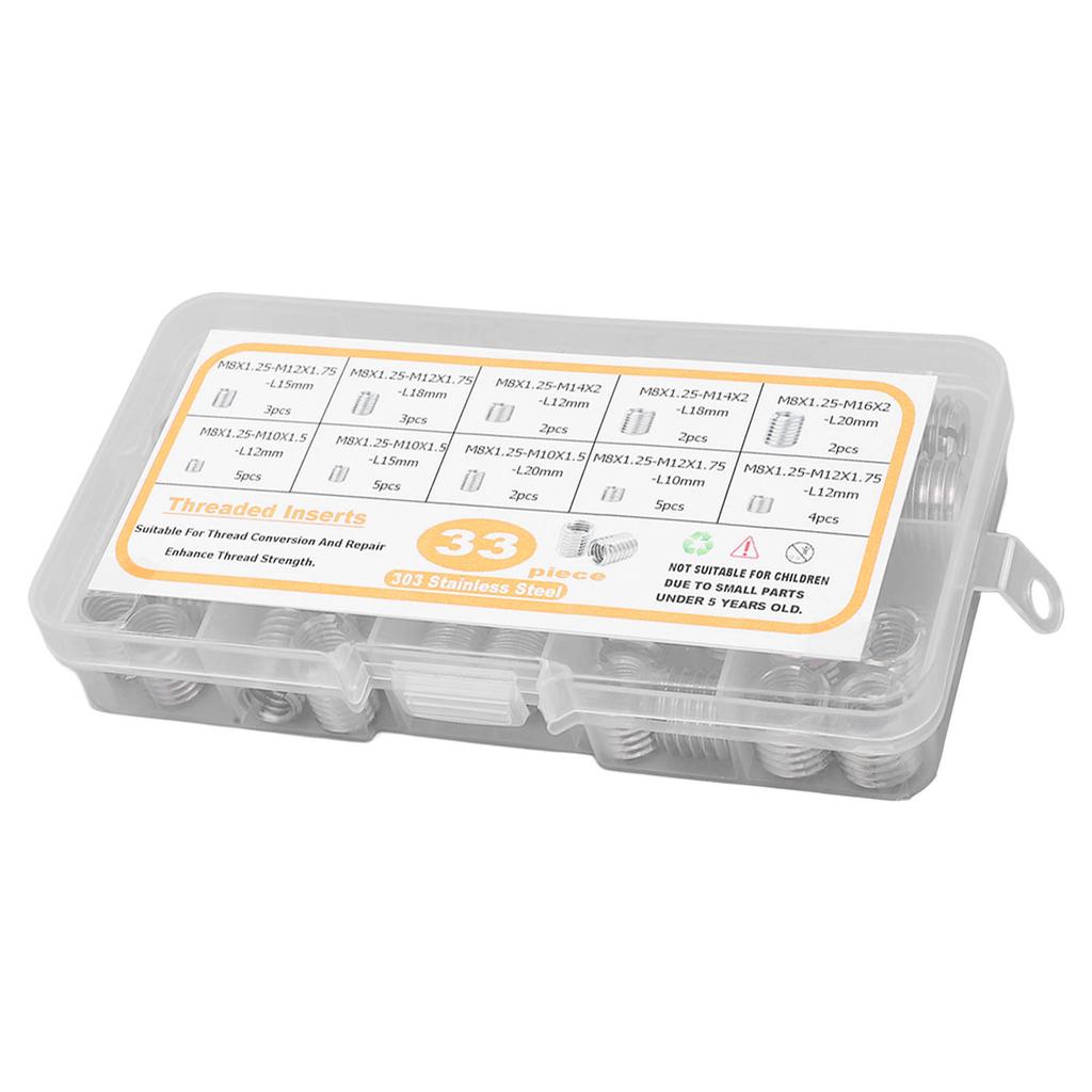 33 Stück M8x1.25 Gewindeeinsatz Sortimentskasten Edelstahl Gewindereduzierhülse Reparaturhülsen