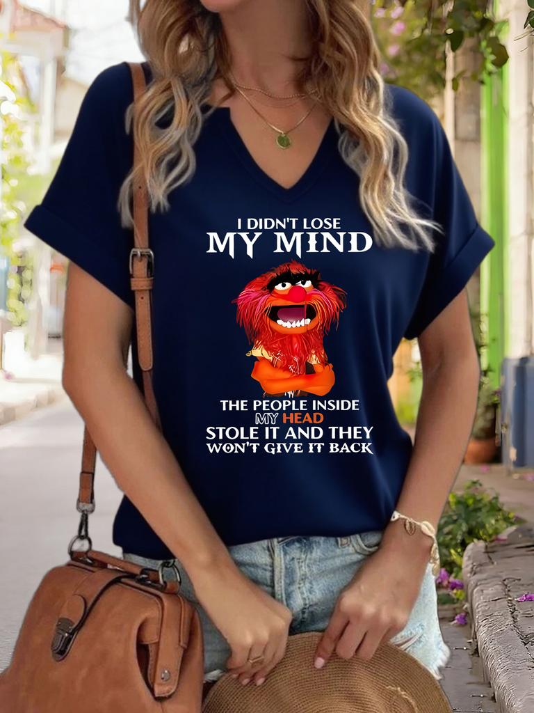 Women's V-Neck "I Didn't Lose My Mind" Graphic Tee, Funny Cartoon Print T-Shirt, Casual Short Sleeve Humor Top