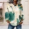 Women Plus Size Round Neck Long Sleeve Printed Top Green Beige Gold Leaf Pattern Curved Hem