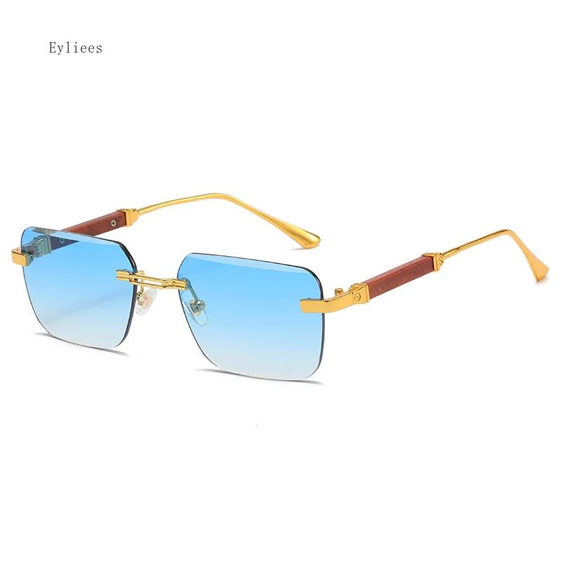 Fashion Rectangle Rimless Sunglasses for Women Square Vintage Luxury Design Retro Wooden Frame Gradient UV400 Sun Glasses
