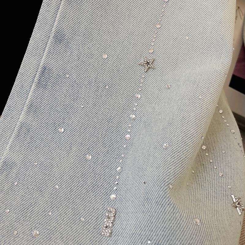 Women's High-Waist Light Blue Denim Pants with Shiny Detailing – Slimming Straight to Wide-Leg Casual Versatile Fit