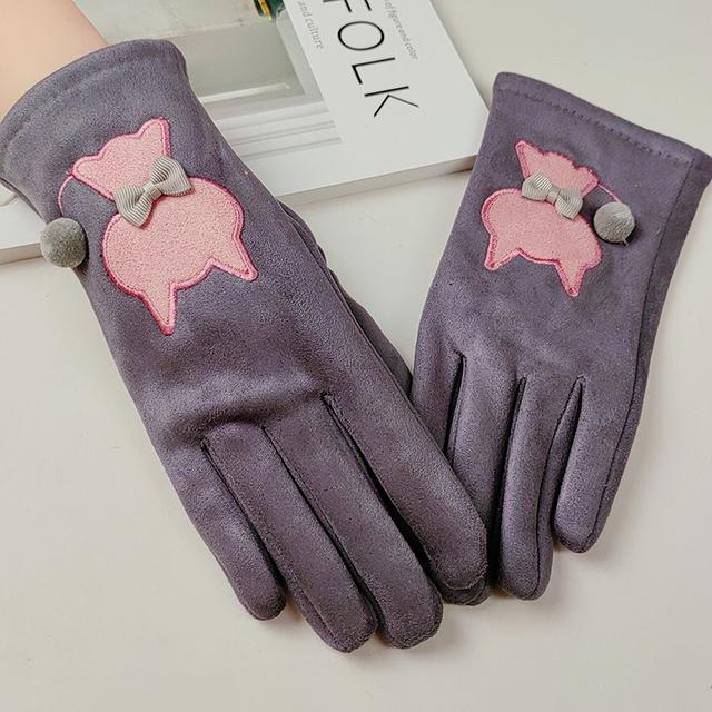 Cute Cat Embroidered Suede Leather Plus Velvet Thicken Riding Warm Gloves Winter Outdoor Sport Full Finger Touch Screen Driving