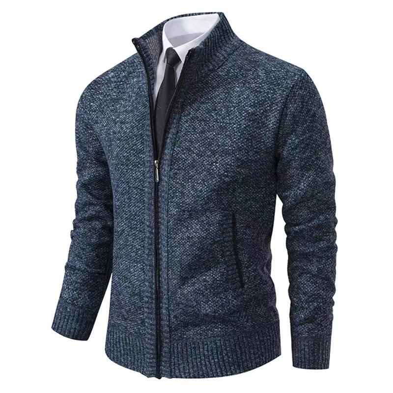 Men's Fleece-Lined Cardigan: Thick Knit Zipper Sweater with Stand-Up Collar for Autumn/Winter 2023