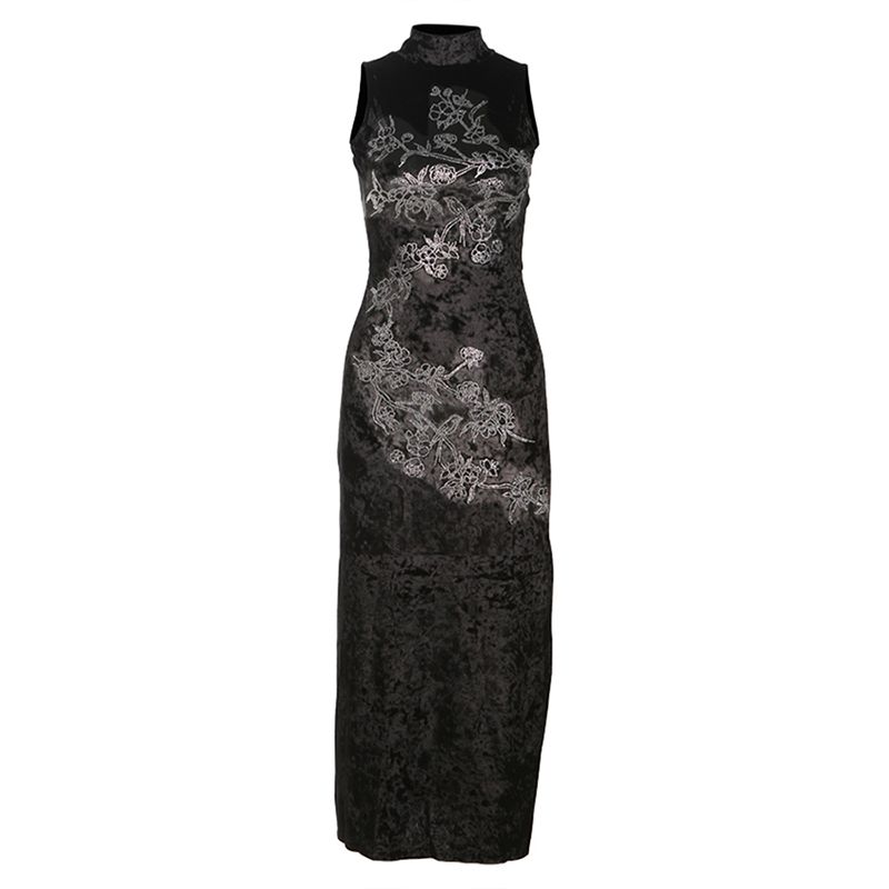 

# Sisjuly# New Chinese National Style Gentle Oriental Plum Blossom Dark Fragrance Floating Sleeveless Cheongsam Dress Women Summer Black S