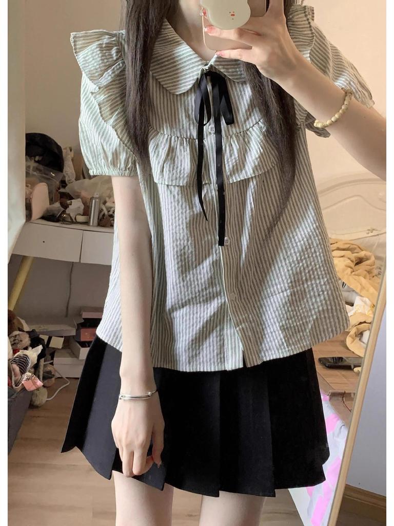 Women's Preppy Gray Striped Ruffle Puff Sleeve Two-Piece Set: Short-Sleeve Top and Skirt