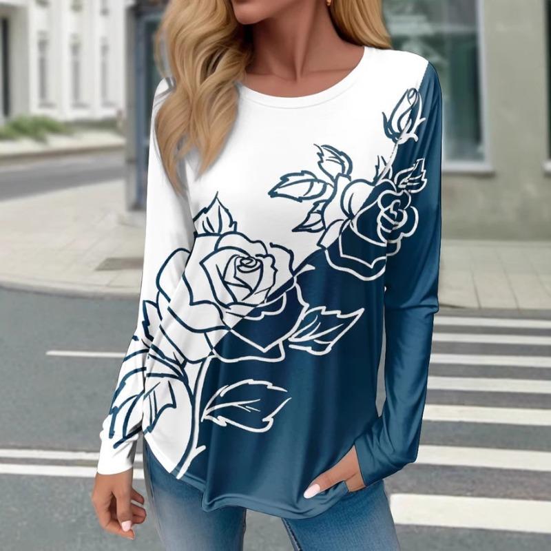 T-shirt z nadrukiem kwiatowym, blokowany kolorystycznie, z okrągłym dekoltem, na wiosnę i jesień, casualowy top z długim rękawem do noszenia damskiego, T-shirty