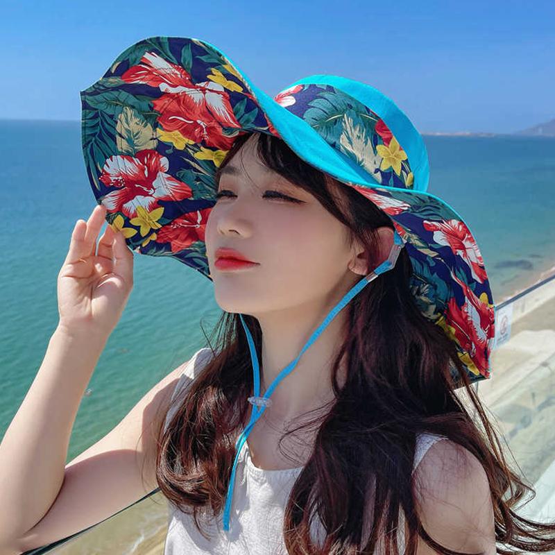 Women's Extra Wide Brim Beach Sun Hat, Summer Fashion Printed Ribbon Sun Cap, UV Protection Foldable Breathable hat