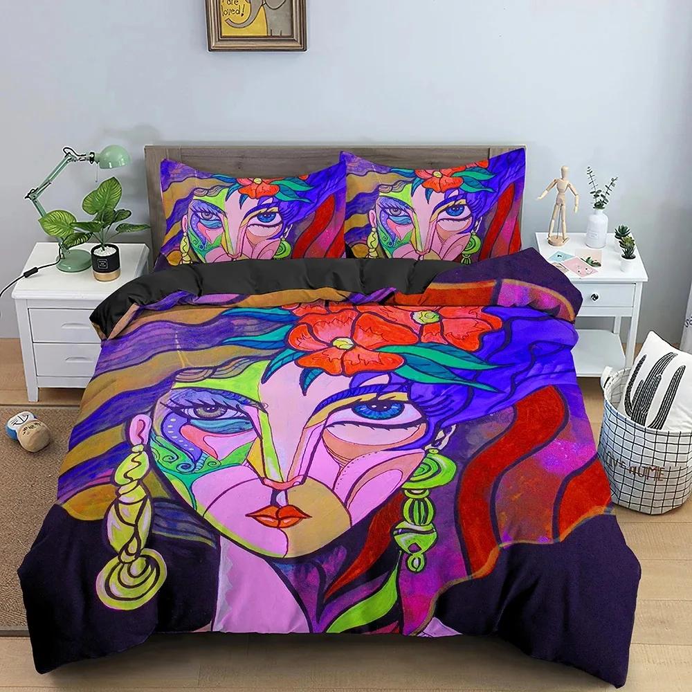 Abstraktes Gesicht King Queen Bettbezug Frau Portrait Bettwäsche Set Graffiti Bettbezug Fantasy Design Polyester Bettbezug