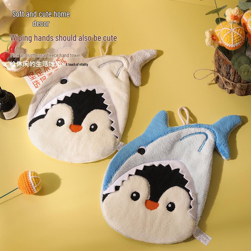 Penguin Coral Fleece Hand Towel - Extra Large & Thick, Hanging, Dual-Use, Water Absorbent, Quick-Drying, Non-Shedding