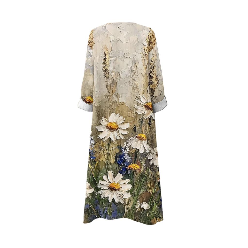 Dámské ležérní módní maxi šaty s výstřihem do V a dlouhým rukávem s květinovým potiskem