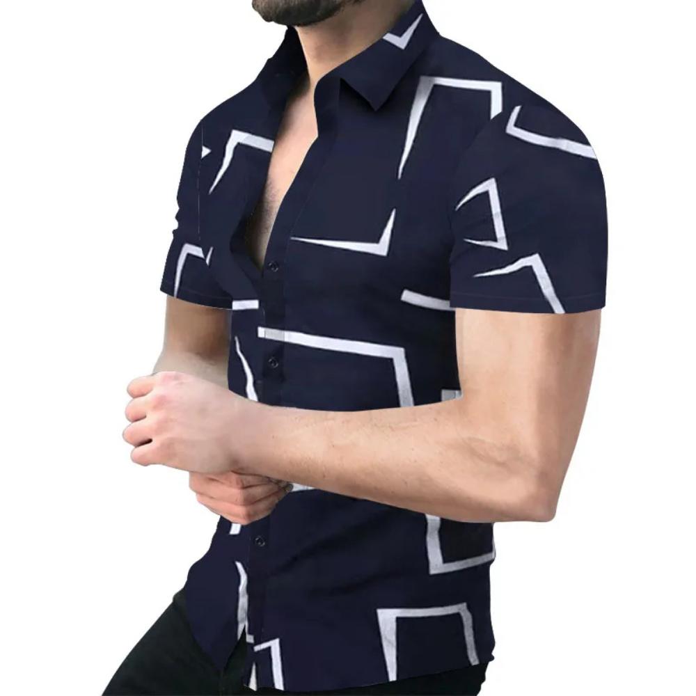New Men's Striped Print Shirt, Casual Short Sleeve Turn-down Collar Summer Tops