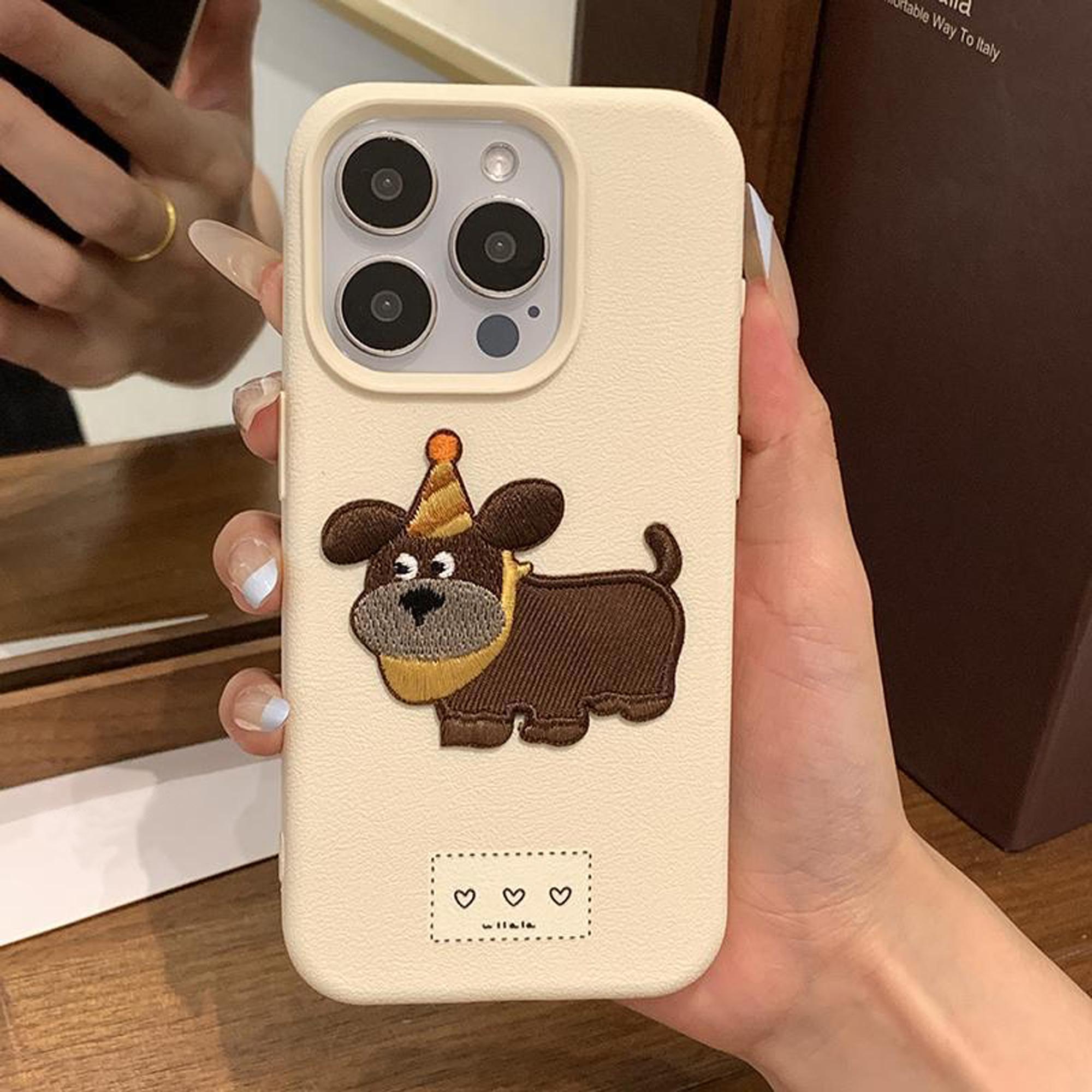 

Кожаный белый чехол для телефона с вышитой собакой для девочек, простой милый аксессуар для iPhone 16 15 14 13 12 11 Pro Max for iphone13(6.1 )