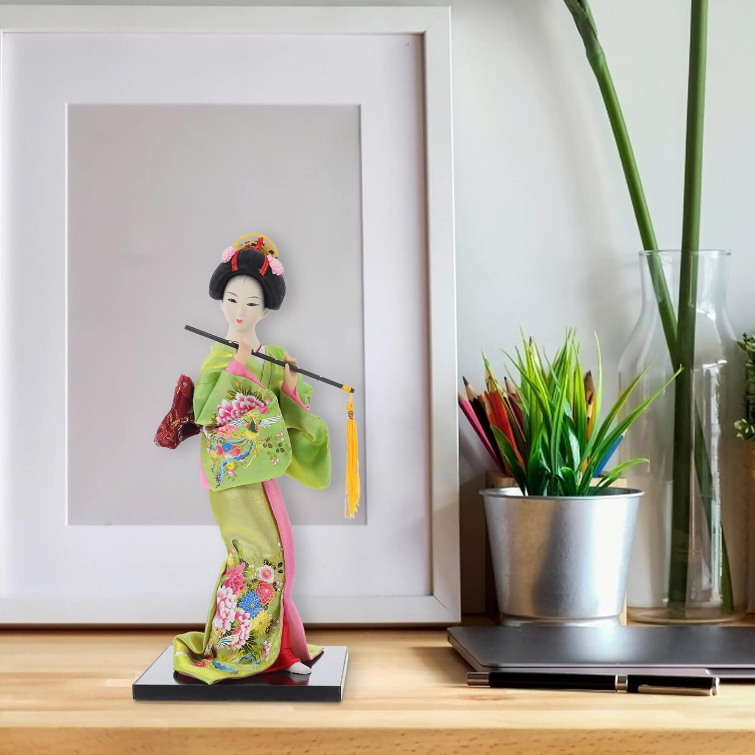 NUOBESTY Japanese Decoration Geisha Doll Japanese Kimono Doll Traditional Geisha Figurine for Home Office Decorations(Green) Japanese Style