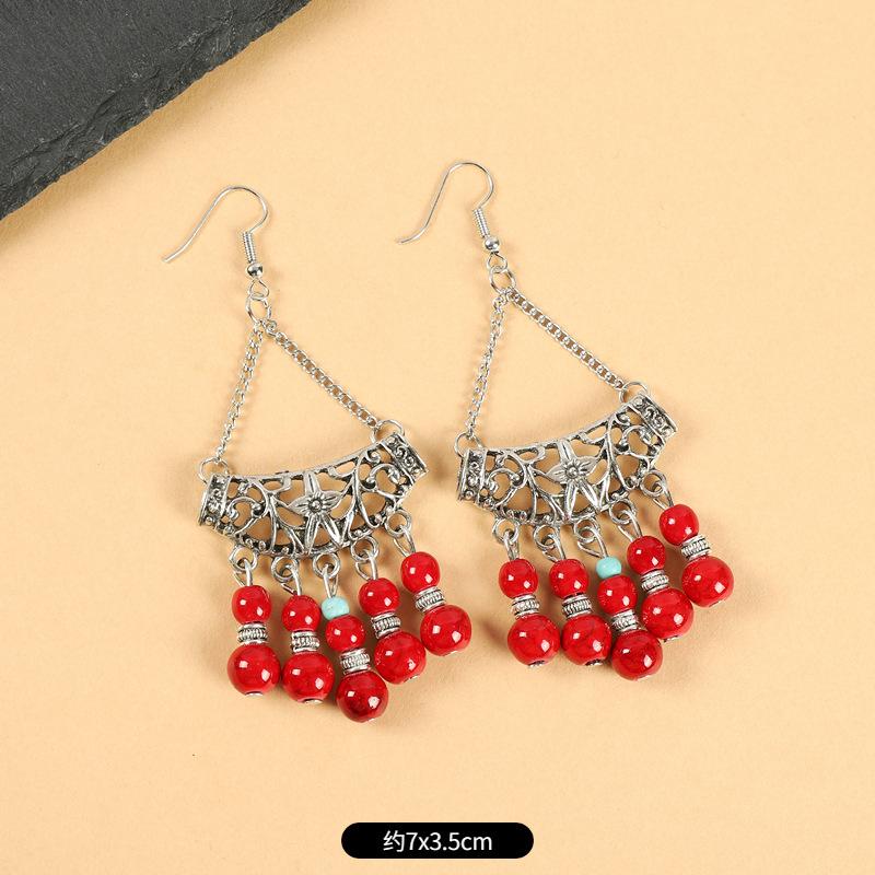 Retro ethnic style fringed earrings blue and red simple long bohemian earrings vacation style women's Tibetan silver earrings