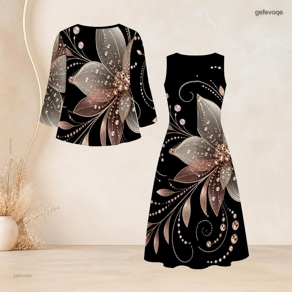 Women Plus Size Tie Neck Black Printed Two Piece Set Three Quarter Sleeve Cardigan Sleeveless Long Dress