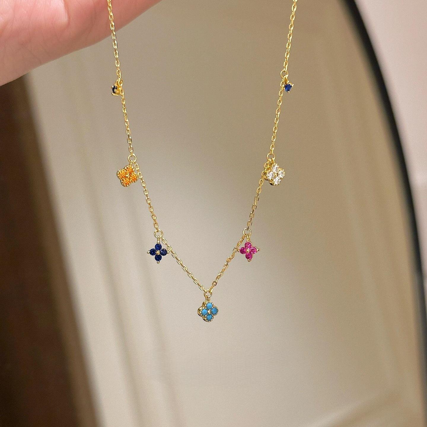 

S925 sterling silver plated 14K gold mini color four-leaf clover pendant collarbone chain women s necklace design sense advanced sense 925 silver
