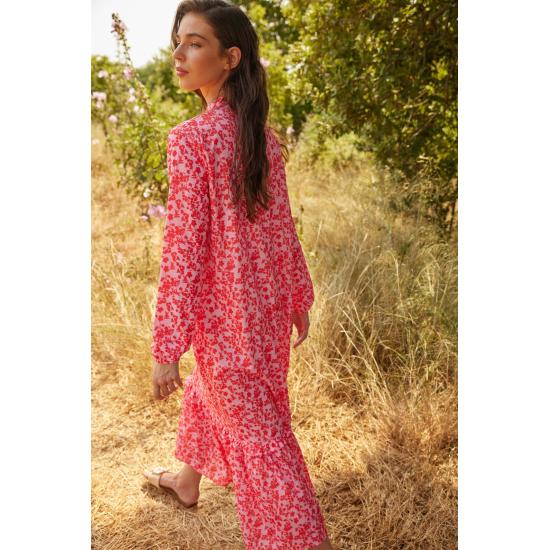 Fusta cu jumătate de guler cu flori portocalii Rochie cu volan lat