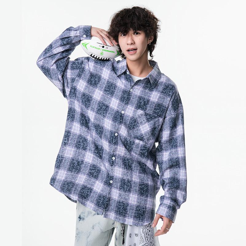 New Japanese Mid-length Shirt for Spring, Men's Fashionable Casual Plaid Shirt