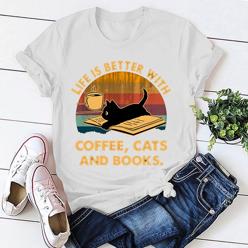 Hot Life Is Better With Coffee Cats And Books Print T-Shirt Loose Short Sleeve Harajuku Casual Tops Women Men T-Shirt