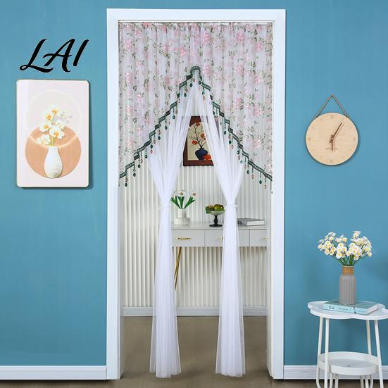 Light Filtering Balcony Partition Sheer Lace Door Curtain Embroidered Floral Doorway Curtain with Beads No Drill Rod Pocket Room Divider for Bedroom