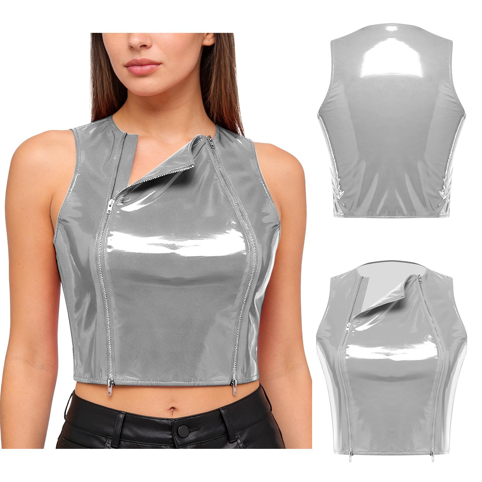 S-3XL Damen Wet-Look PU-Leder Crop Top Vorne Doppelreißverschluss Ärmellos Slim Fit Glänzendes Tank-Top für Nachtclub Rave Party XL brown