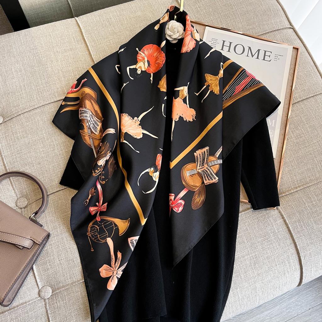 Fashion Luxury Printing 90*90Cm Women Scarf Satin Twill Square Big Shawl Elegant Headscarf Smooth Soft Neck Tie Bandana