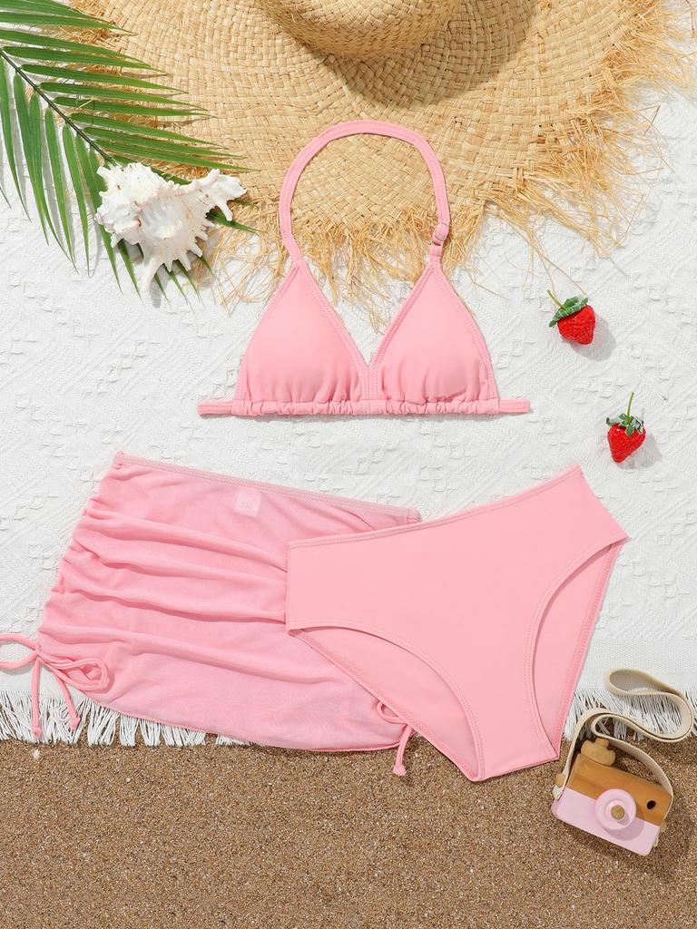 2025 Cute Girls' Three-Piece Bikini Swimsuit with Chest Pads for Middle and Older Children