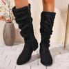 Women Knee High Boots Autumn Winter Female Shoes Fashion Female Slip-on Folds Low Heel Pointed Toe Long Boots Botas De Mujer 983