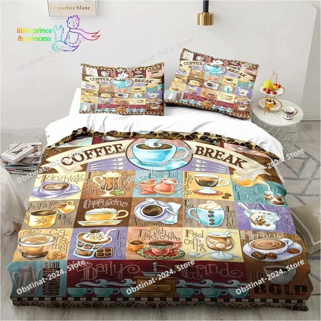 Coffee Pattern Bedding Set Printed Duvet Cover Sheet Pillowcase Bed Soft Quilt Cover Full Queen King Size Adult Kid Bedroom Gift