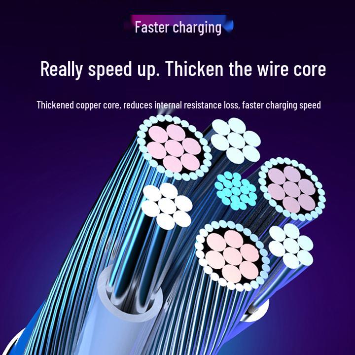 Three-in-One Fast Charging Cable with Flowing LED Lights for Android, iPhone, and Type-C - Seven-Color Night Light