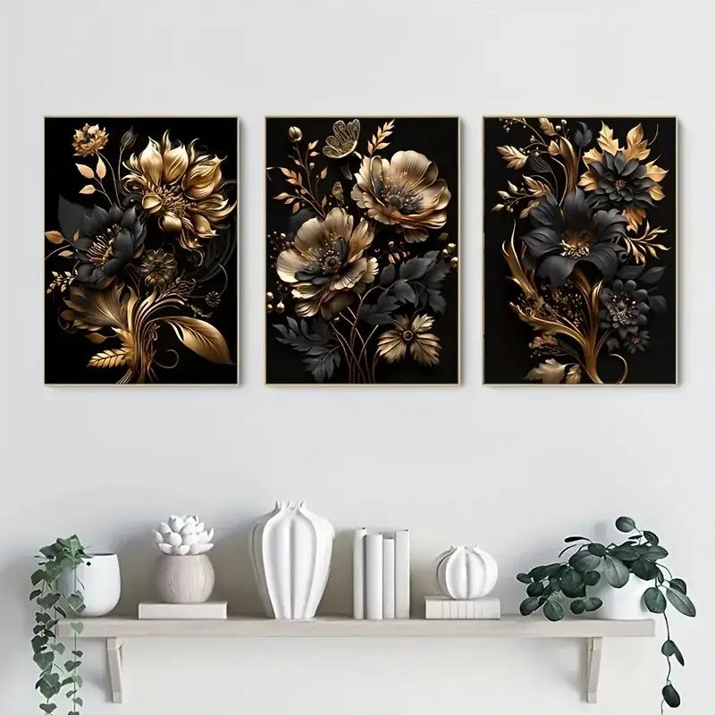 3 pezzi Poster Moderno Nordico con Fiori Elegante Arte da Parete per Soggiorno Decorazione Casa Nero Oro Pittura su Tela Decorazione Poster Arte da Parete