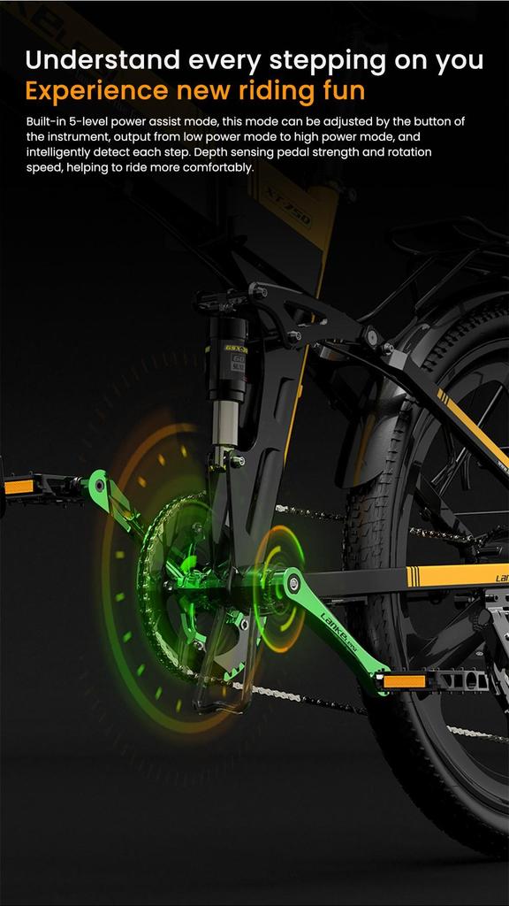 Foldable electric bicycle LANKELEISI XT750 Sport ,500W motor, a 48V 12.8Ah battery, a top speed of 35 km/h, a range of 110km, and 26*2.35 inch tires.