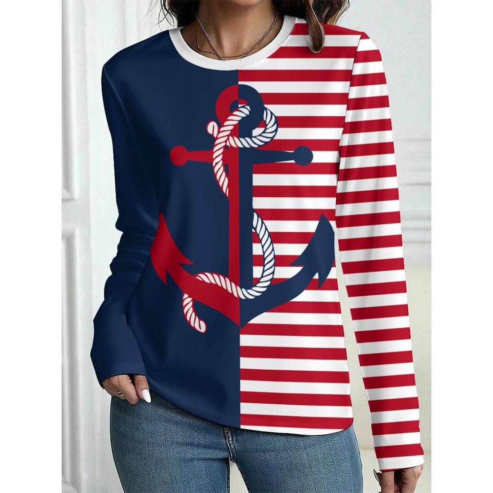 Damen T-Shirt Outdoor Freizeit Langarm Gestreift Anker Muster 3D Druck Oberteile Straße Rundhals Herbst Übergroß Kleidung