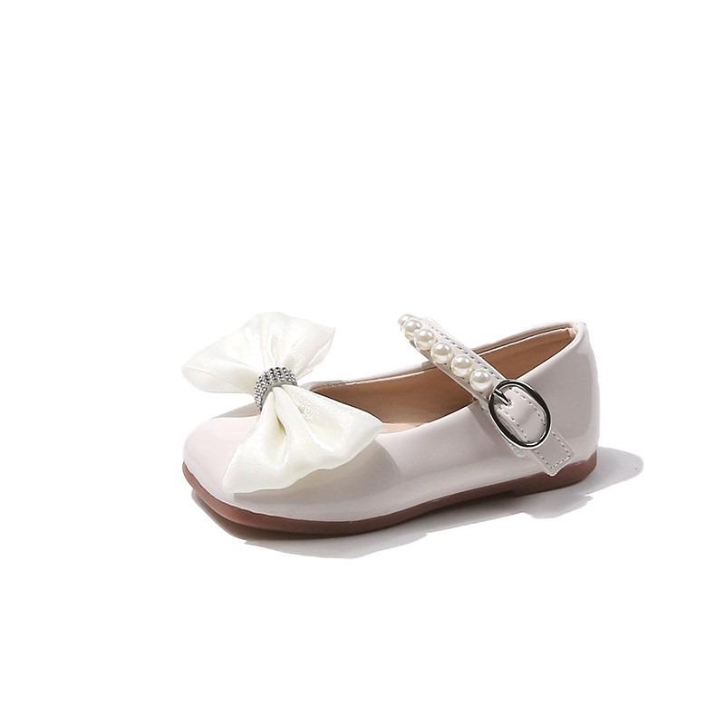 Children Fashion Girls Mary Janes Pearls Rhinestones Bow Simple Non-slip Kids Versatile Leather Shoes Simple Chic Princess Flats