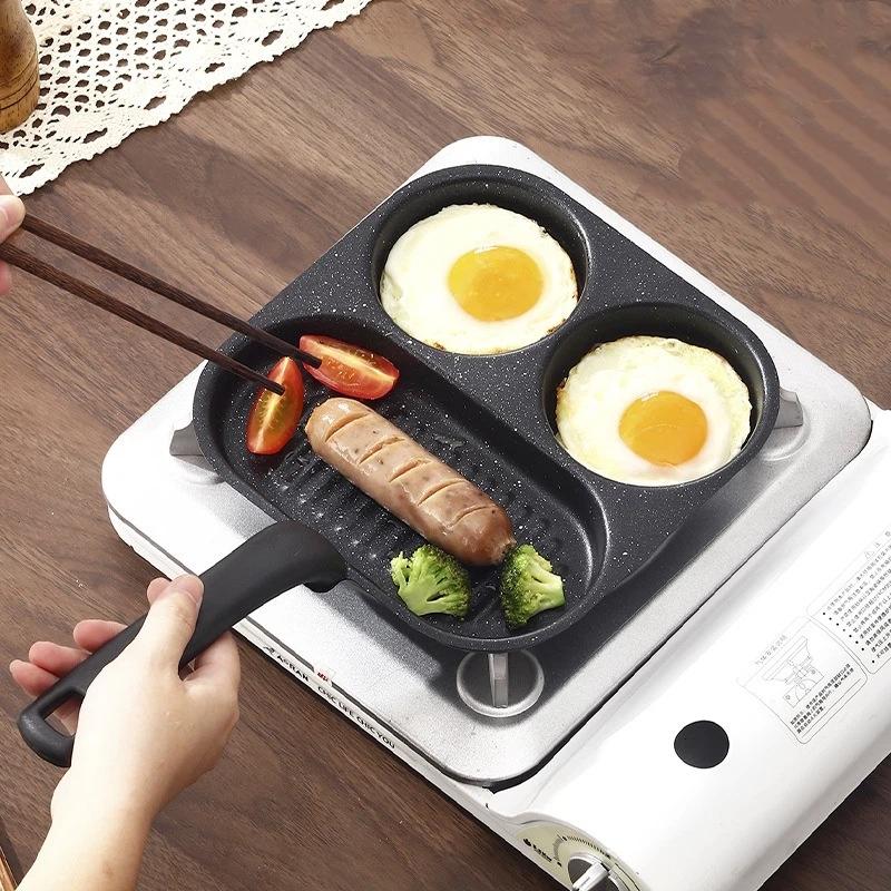 Iron Divided Egg Frying Pan Non-Stick 3/4 Section Grill Pan for Home Kitchen Breakfast Steak Cooking