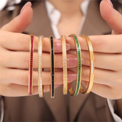 Eingelegter Zirkon Edelstahl Armreif Armreifen Für Frauen Golden Minimalistisch Schlicht Runde Armreifen Frau Luxus Zirkon