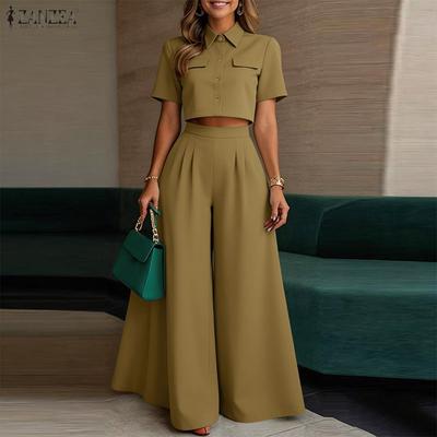 Women Short Sleeve Cropped Blouse and Long Pants Casual Two Piece Suit Sets